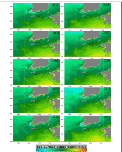 Fig. 6 Comparison between the joint confident regions in the fishing grounds of T. orientalis and the annual mean SST, 2004–2013