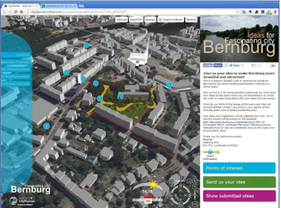 Fig. 7:  CityPlanner for Bernburg web page: integrated with visualization, information and  social networking (© GeoBasis-DE/LVermGeo LSA) 