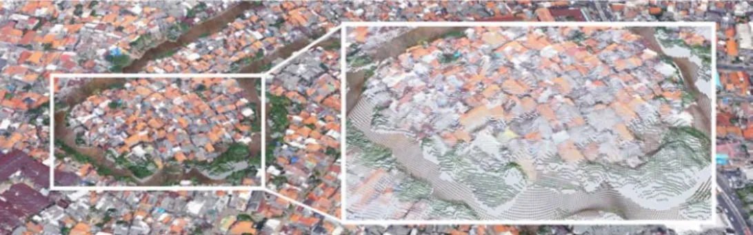 Fig. 1:  A modified point cloud dataset of a downstream site showing how metadata (in this  case colour) can be associated with each individual point