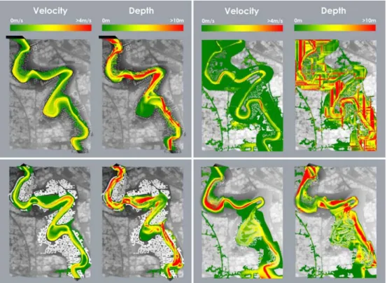 Fig. 8:  A visualisation of the flood results showing the velocity and depth of the flood  waters during a major flood event