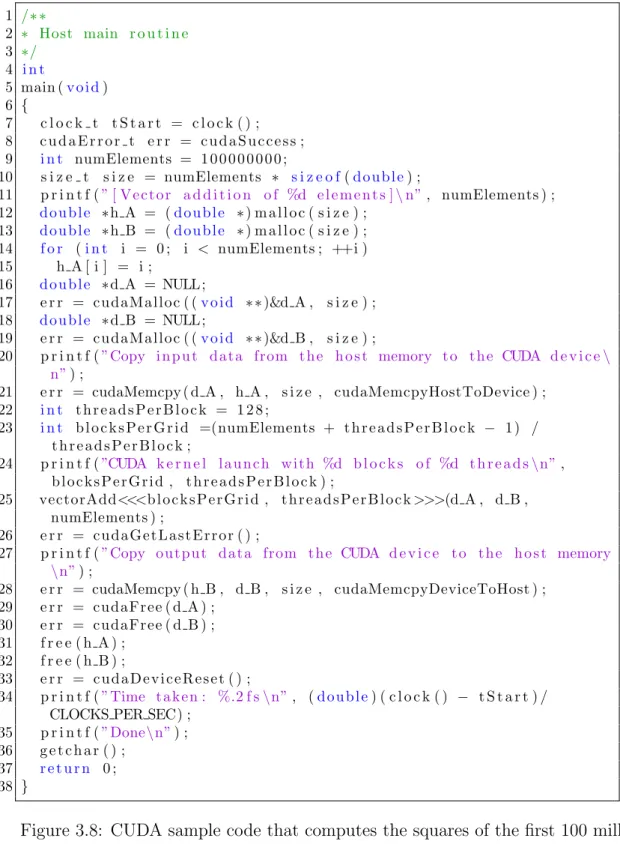 Figure 3.8: CUDA sample code that computes the squares of the first 100 million integers.