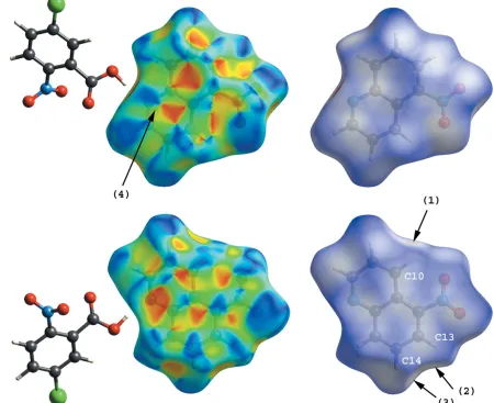 Figure 6Hirshfeld surfaces [front (top) and back (bottom) views] for the 5-nitroquinoline molecule of (II) mapped over shape index and dnorm, indicating the C—