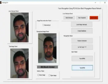 Fig. 9: Graphical interface after face recognition  Face Reconstruction: The reconstructed image is  undoubtedly an approximation of the original image