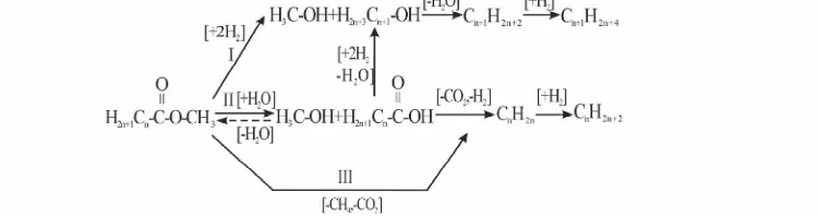 Figure 3. Three main paths for aliphatic methyl esters made into hydrocarbons.