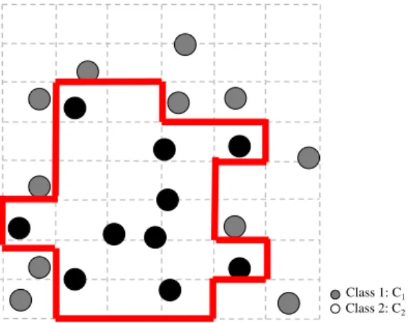Fig. 1 Example of a simple two-class classification scenario with the classes black (C 1 ) and grey (C 2 ), each with two features