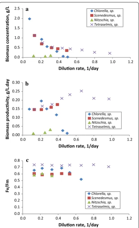 Fig. 3 Changes in biomass concentration (a), biomass productivity (b) and photosynthetic efficiency (c) of Tetraselmis sp., Chlorella sp., Nitzschia sp