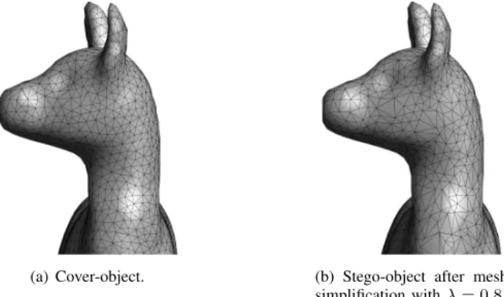 Fig. 2. Example when using surface simplification on the cover-object to test the cover-source mismatch scenario in 3-D steganalyzers.
