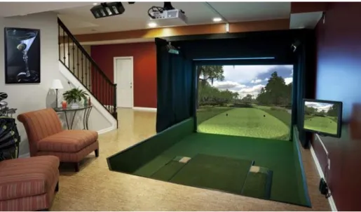 Figure 4: An aboutGolf ltd golf simulator showing its projector, loose screen, and tee area  [7] 