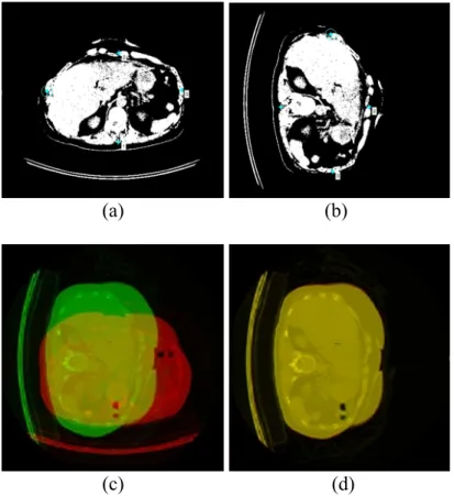 Fig. 2.2 Images (a) and (b) are the input image and the reference image with four blue  control  points  marked  in  each  of  them
