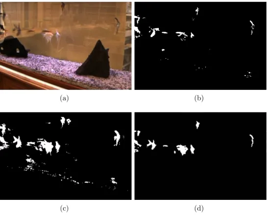 Figure 2.7: a) An image from aquarium dataset b) Adaptive-Median based background subtraction result c) GMM based background subtraction result d) Proposed background subtraction result.