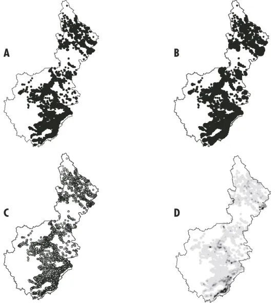 Figure 2. Comparison of  data visualization techniques: A) Aerial survey points with no enhancements