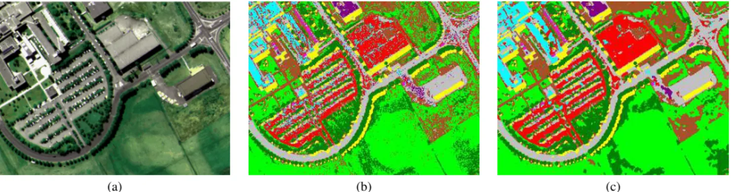 Fig. 1. (a) RGB color composition for the University area, thematic map obtained with (b) p GP 1 and (c) the p GPMRF.