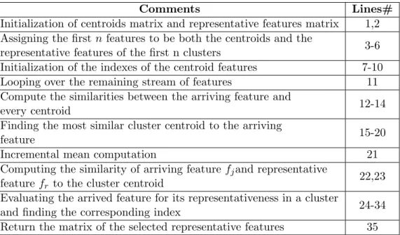 Table 4.2: The comments on the provided pseudo code in UFSSF algorithm