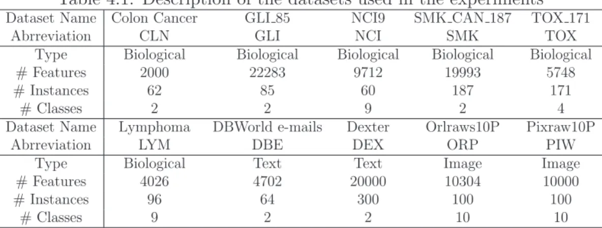 Table 4.1: Description of the datasets used in the experiments