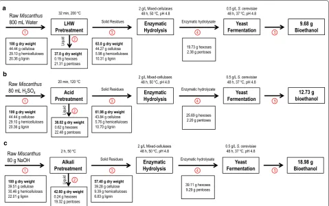 Fig. 6 Mass balance flow chart of Miscanthuslignin) are presented in streams 1 and 3. Mass amount of soluble sugars (hexoses and pentoses) and ethanol yield are presented in streams 2, 4, and Miscanthus biomass for bioethanol (on a 100 g basis) among three