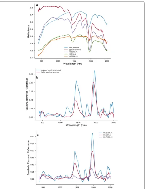 Fig. 3 Spectra of gypsum and halite with their mixtures (a) in comparison of their continuum free spectra (b, c)