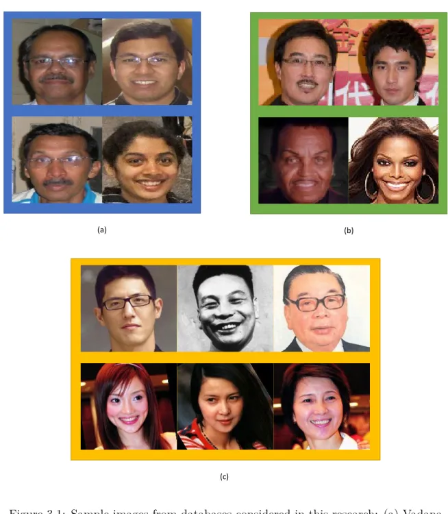 Figure 3.1: Sample images from databases considered in this research: (a) Vadana DB, (b) KinFace DB, and (c) UB Kin DB.
