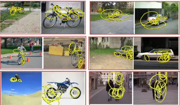 Figure 2.5: Example scale invariant HOF detected with our algorithm. For each pair of images, we show the co-occurring HOF of the largest order detected.