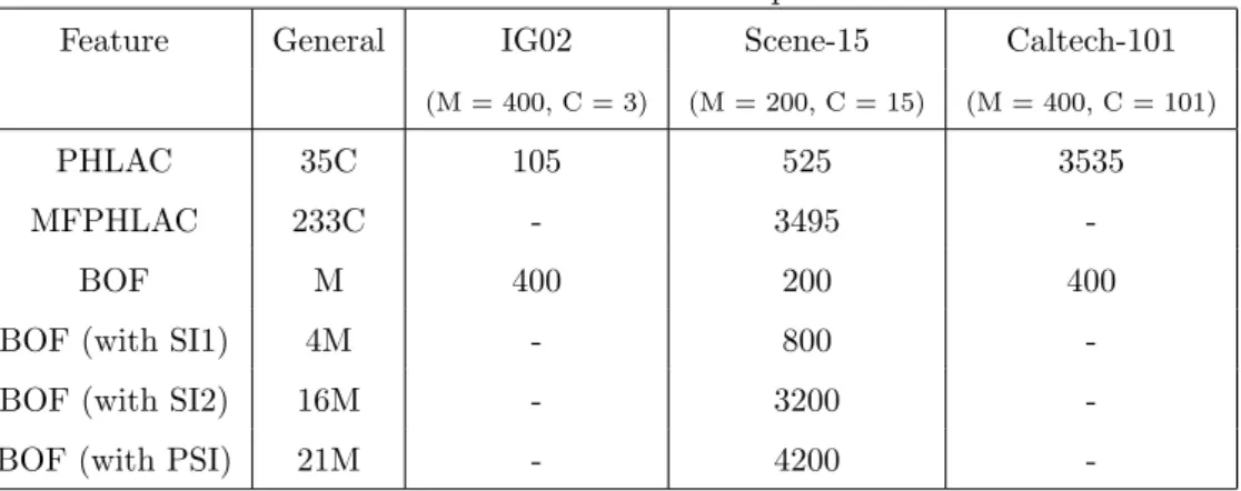 Table 2: Dimensions of feature representations
