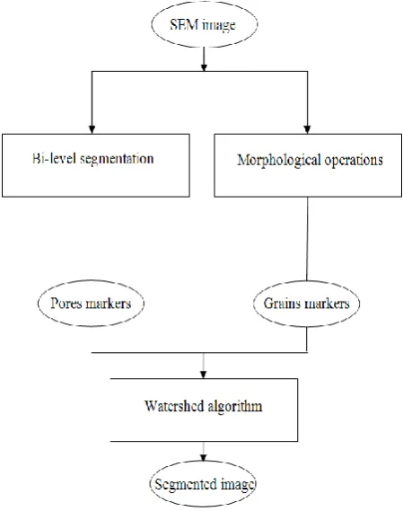 Fig. 1. Proposed workﬂow for pore spaces analysis: (a) Acquired SEM image, (b) Segmentation process based on a combination of statisticaland spatial approaches, (c) Pore shapes analysis using multifractals and geometrical distributions of areas and aspect ratio.
