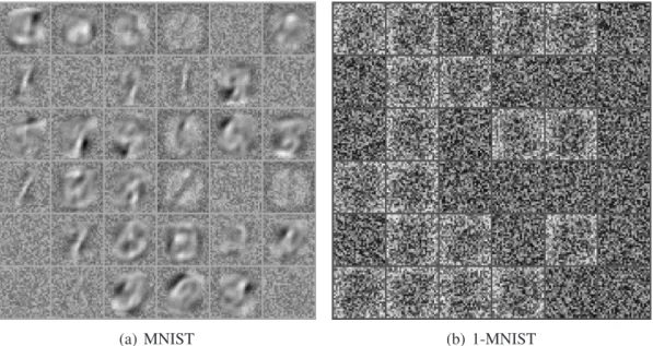 Figure 2.6: Visualization of filters learned by RBMs with 36 hidden neurons on MNIST and 1-MNIST after 5 epochs using traditional learning algorithms.