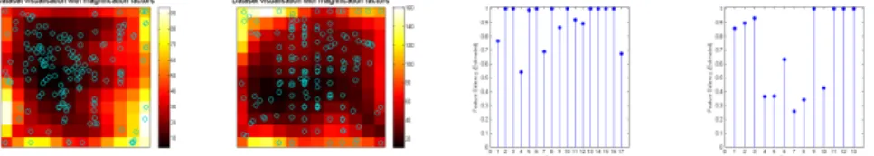 Fig. 2. GGTMFS plot of the maturity (see (a)) and environment data (see (b)) and estimated feature saliency values of continuous features (see (c) and (d)).