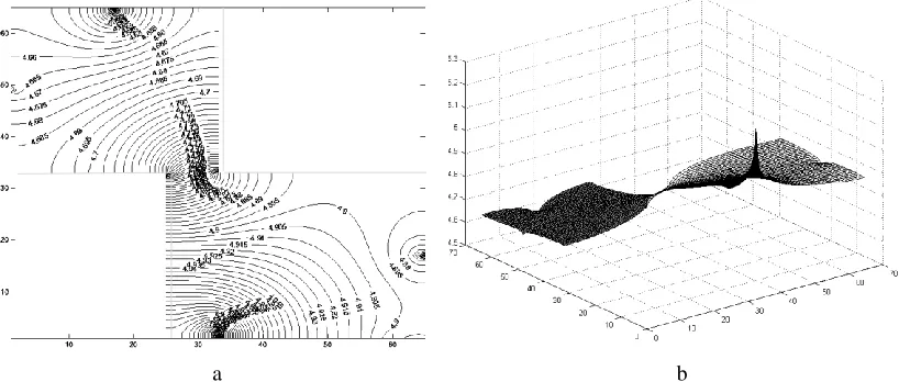Fig.  5.   Pollutant concentration (kg/m3) in the connected reservoir  x0.015625, y0.015625 (Case 1 in table 1)  (a) Contour plot and (b) Surface plot