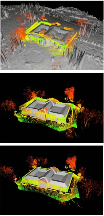 Figure 2 depicts the super-imposition of the terrestrial  laserscanner data, which was directly georeferenced by the  low-cost components to the DEM from airborne LIDAR and the  available 3D building model, respectively