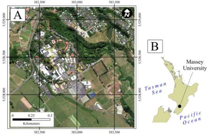 Fig. 2 The study area, Massey University (a) RGB image (b) location  