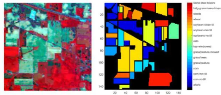 Fig. 4 (a) False color composition of the AVIRIS Indian pines (b) reference map including  sixteen classes