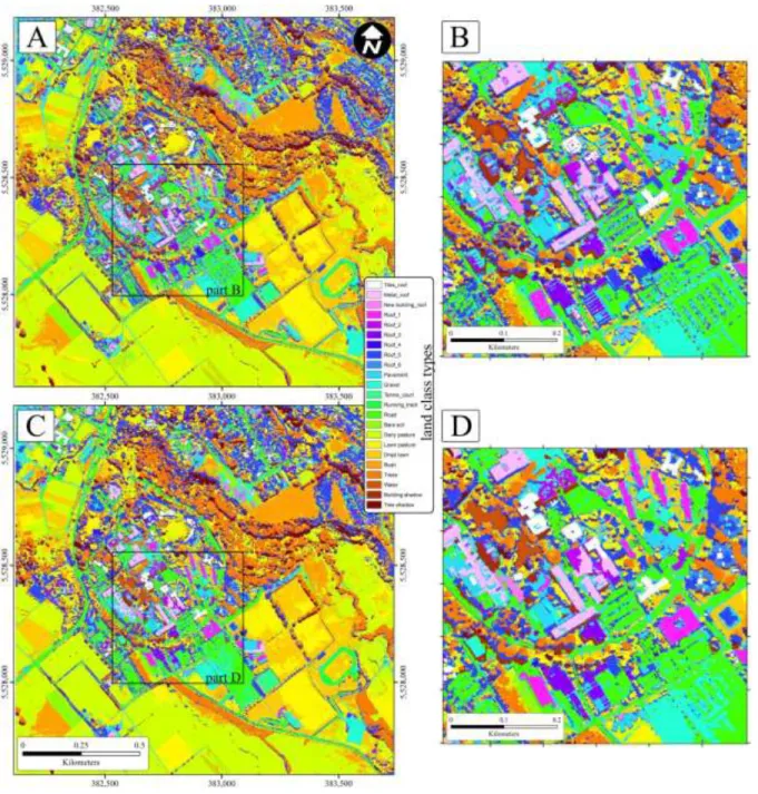 Fig.  5    SVM  classification  maps  based  on  multiple  features  Spectra  +  GLCM  +  EMAP  using  GA-SVM  (a)  before fusing with the segmentation map (c) after fusing with segmentation map