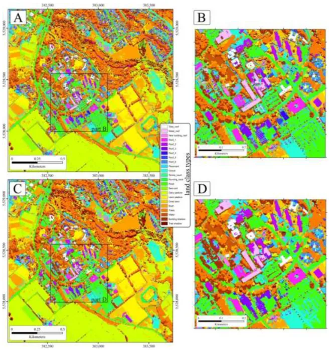 Fig. 6  ANN classification maps based on multiple features Spectra + GLCM + EMAP using GA-SVM  (a) before fusing with the segmentation map (c) after fusing with segmentation map