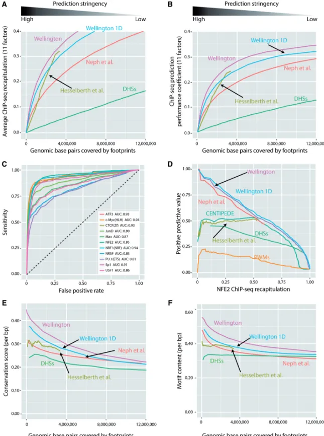 Figure 5. Wellington outperforms other methods with respect to ChIP-seq recapitulation performance, sequence conservation and motif content within footprints