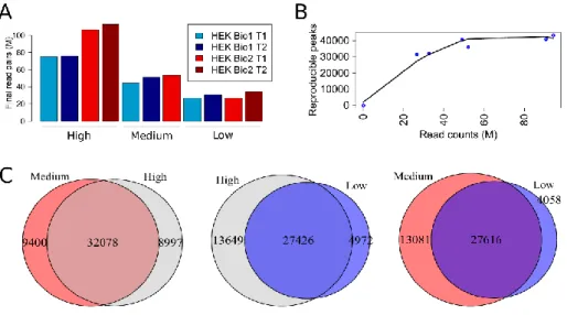 Figure 13: The task of finding open chromatin regions saturates at medium depth. (A) Number of reads  after processing in the 11 HEK293 ATAC-seq libraries with different library depths