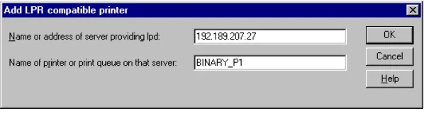 Figure 1 Add LPR compatible printer screen