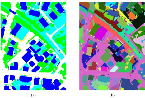 Figure 8: (a) SegNeXt predictions for test image V-0003. (b) Agglomerate clustering of neighbouring points in (a) of the same class.