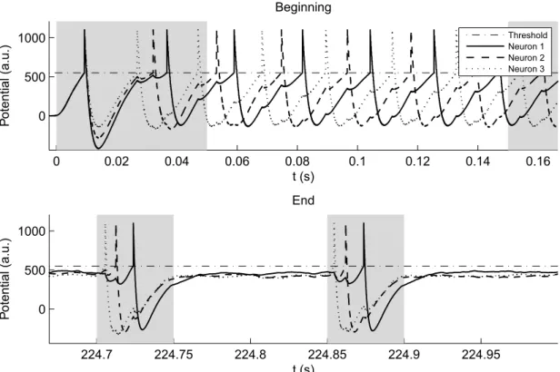 Figure 3.2: Example of three postsynaptic neurons learning a spatio-temporal spike pattern that is embedded in random background noise
