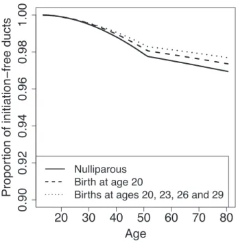 Figure 2.3: Behaviour of the model under the default parameter settings. Evolution of initiation-free ducts with age under the default parameter settings for three birth scenarios (nulliparous, a single birth at age 20, and four births at ages 20, 23, 26 a