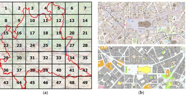Figure 4. (a) The regular grid used to analyze the Lombardy region delimited by red line; (b) one example of the OSM map (up) and the DBT map (bottom) of the same place.