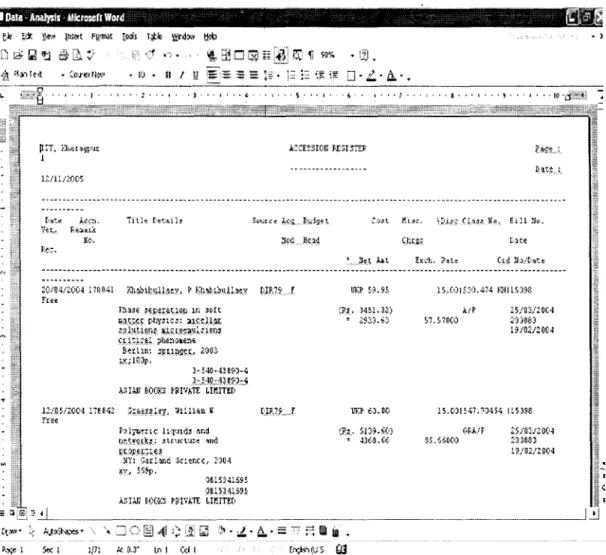 Figure 2 - LibSys accession register with "Page Width = 132 cols"