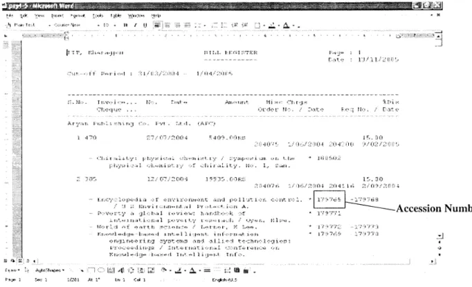 Figure 4 - LibSys report of Invoice/Bill Register for the year 2004 - 05 with Accession Number and Title