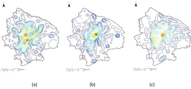 Figure 5: Contour maps in terms of transaction density (a), density of POIs (b) and road density (c) 