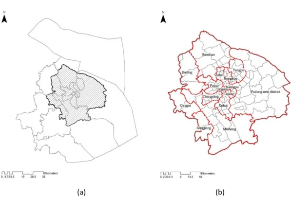 Figure 2: Study areas in SMA: (a) the location of study area in SMA; (b) the census distribution of central area) 