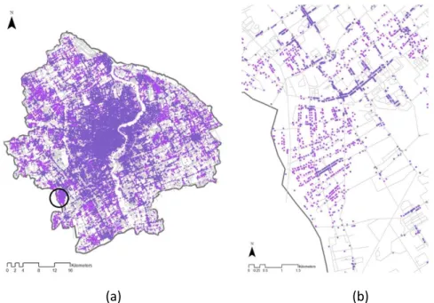 Figure  4:  Roadwork  and  POIs  in  study  area:  (a)  road  network  overlapped  with  POIs  in  study  area;  (b)  road  network and POIs in a sample area 