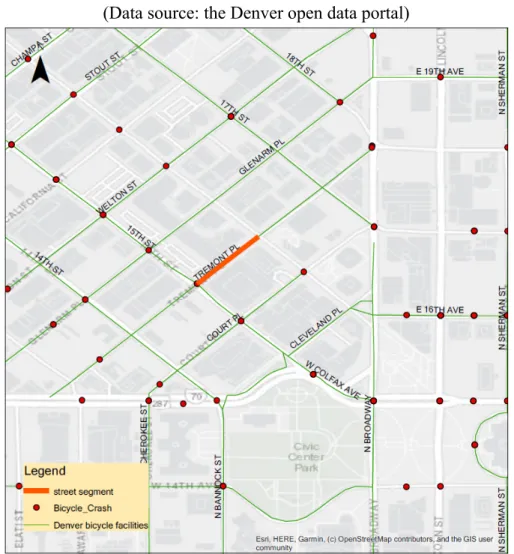 Figure 5.3 Example of street segment of bicycle facilities in Denver (2019)  (Data source: the Denver open data portal) 