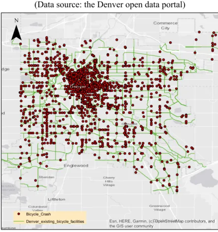 Figure 5.4 Bicycle crashes and bicycle facilities in Denver (2013-2019)  (Data source: the Denver open data portal) 