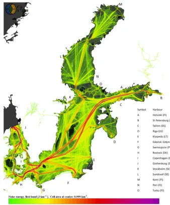 Figure 3. Noise source map for Baltic Sea shipping. This map indicates the sum of sound energy in units of joules per grid cell (cell area1 km2) during the year 2015.