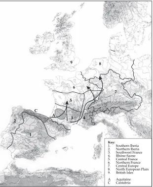 Figure 1. Late Glacial Western Europe showing sampling regions, the two geographical refugia and probable expansion routes.