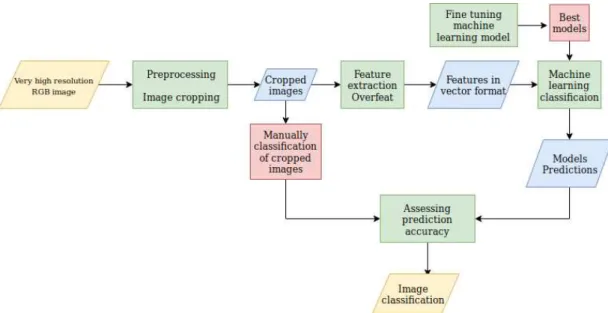Figure 3.3: Flowchart depicting the methodology, yellow shapes represent beginning and finish product, blue intermediate results, green process, red input data