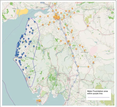 Fig. 1 Map of recruitment and water fluoridation in Cumbria